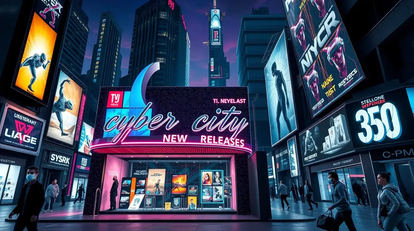 Mağaza vitrini için siber neon şehir görseli